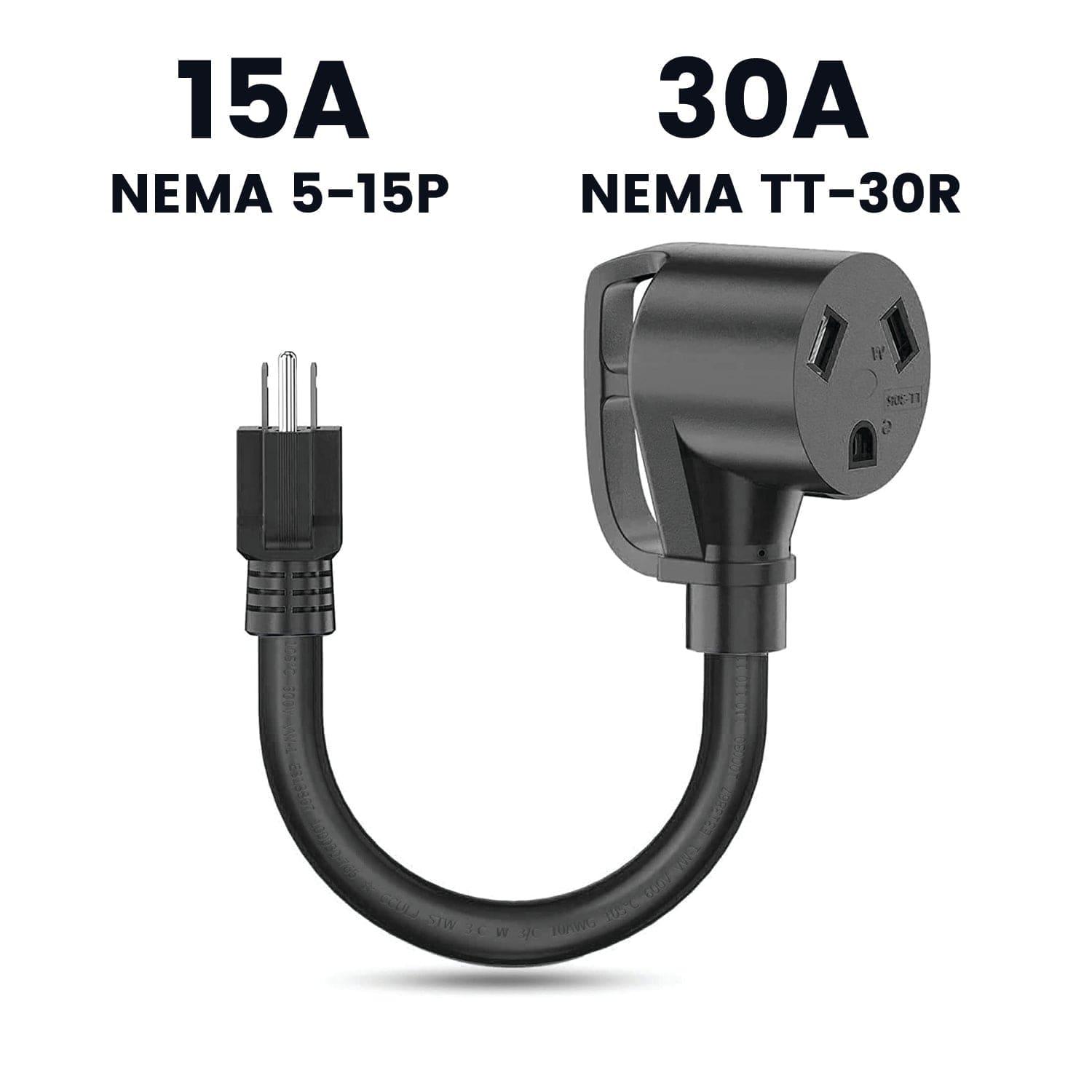 A Nature's Generator black 30A to 15A adapter cord with heavy-duty UL-listed cable, featuring a 15A NEMA 5-15P male plug and a 30A NEMA TT-30R female socket, is shown on a white background with labeled connectors.