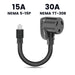 A Nature's Generator black 30A to 15A adapter cord with heavy-duty UL-listed cable, featuring a 15A NEMA 5-15P male plug and a 30A NEMA TT-30R female socket, is shown on a white background with labeled connectors.