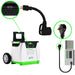 Nature's Generator portable generator on wheels with a handle, shown with close-ups of its 120V AC outlets, UL-listed heavy-duty cable, three-prong power cord, and the cord connected to an electrical panel.