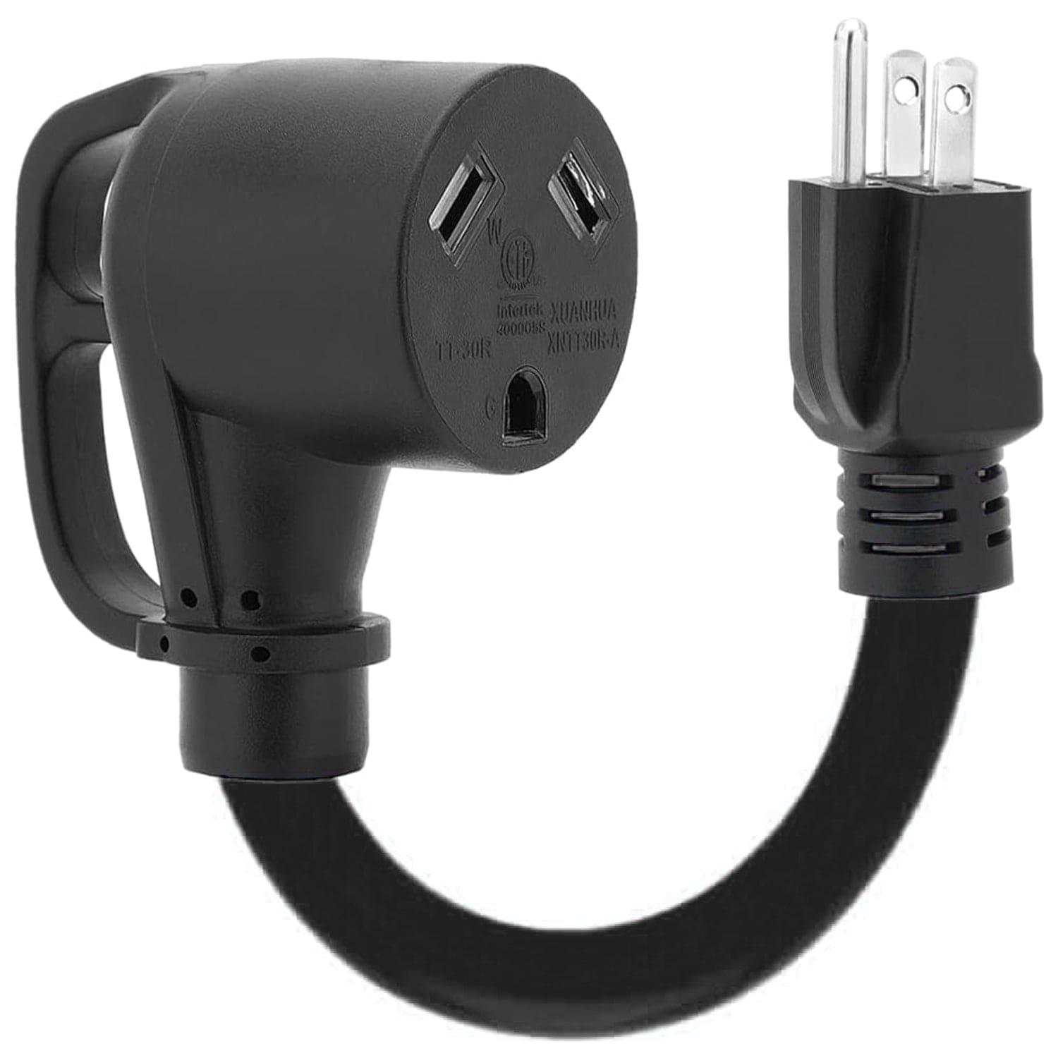 The Nature's Generator black 30A to 15A adapter cord features a three-prong male plug, three-slot female socket, and a short heavy-duty UL-listed cable—ideal for your generator transfer switch kit.