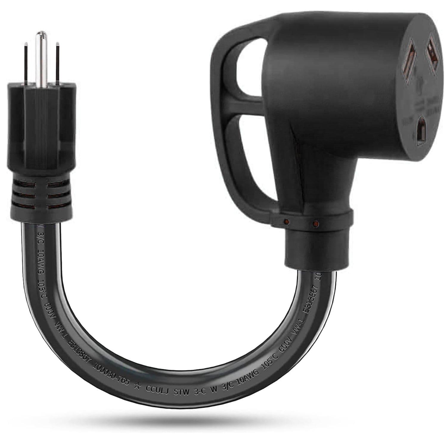 Nature's Generator offers a black 30A to 15A adapter cord with a three-prong male plug, large round handled female socket, and short heavy-duty UL-approved cable—ideal for your generator transfer switch kit.