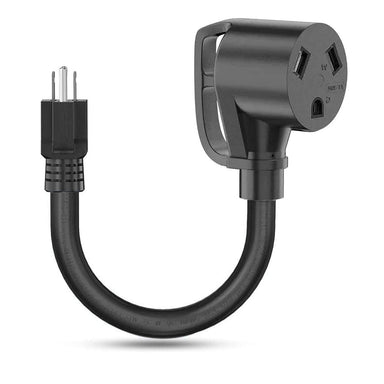 A compact black Nature's Generator 30A to 15A adapter cord features a three-prong plug and a round three-slot socket connected by a flexible cable—perfect for generator transfer switch kits.
