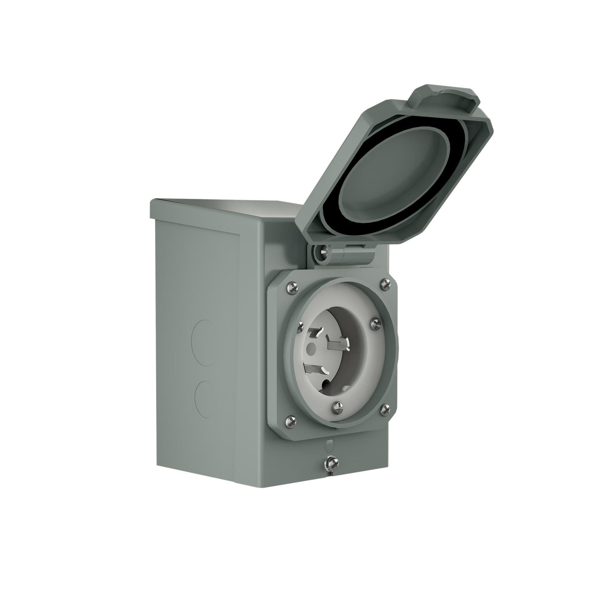 The Nature's Generator gray outdoor 50 Amp Generator Inlet Box features a round CS6375 socket, upward-hinged cover, weatherproof vertical mount, and visible front-panel screws.