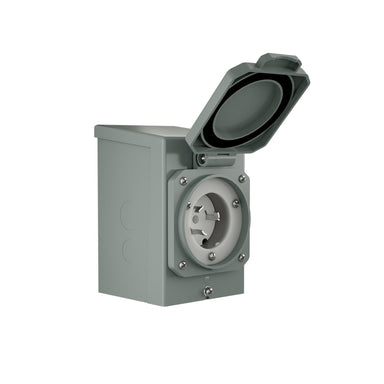 The Nature's Generator gray outdoor 50 Amp Generator Inlet Box features a round CS6375 socket, upward-hinged cover, weatherproof vertical mount, and visible front-panel screws.