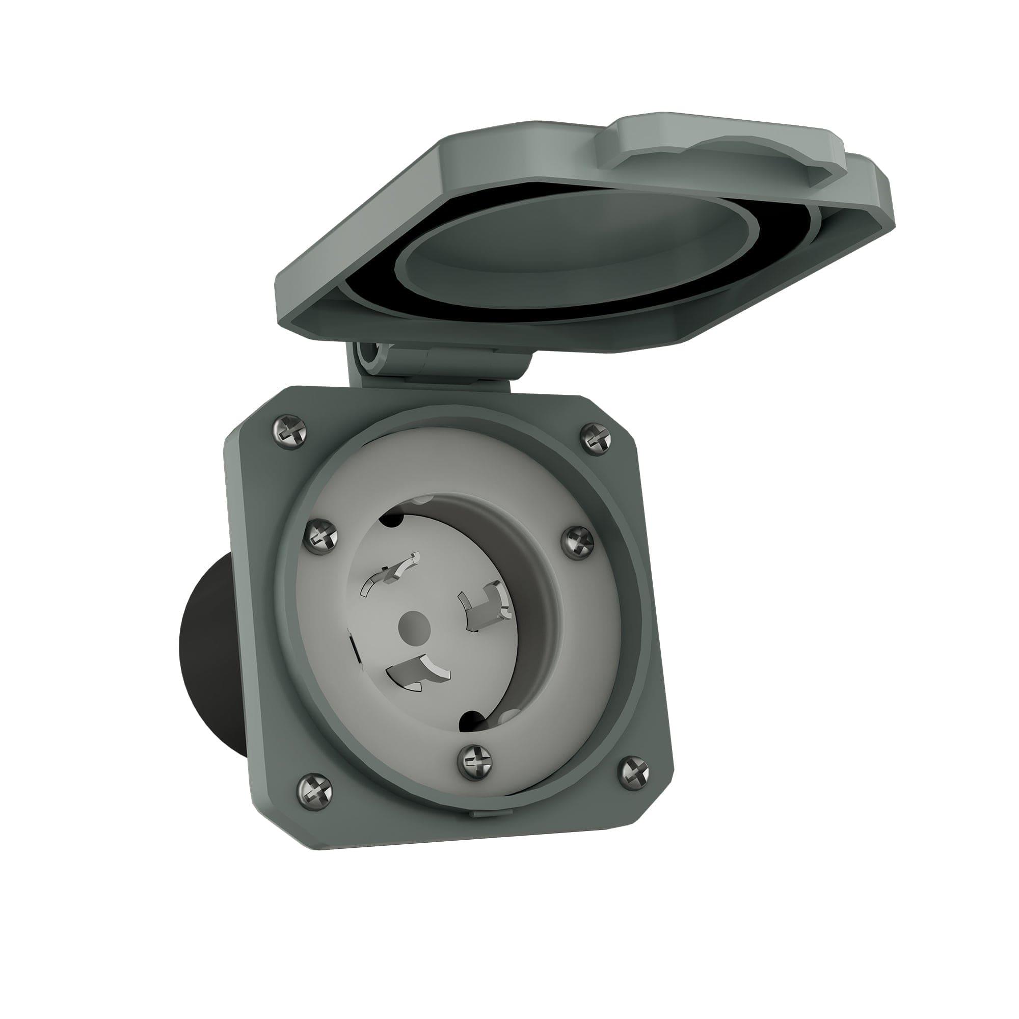 A gray, weatherproof Nature's Generator 50 Amp Generator Inlet Box features a circular socket with a hinged cover. Four screws secure it to a surface, ensuring reliable outdoor power connections protected from the elements.