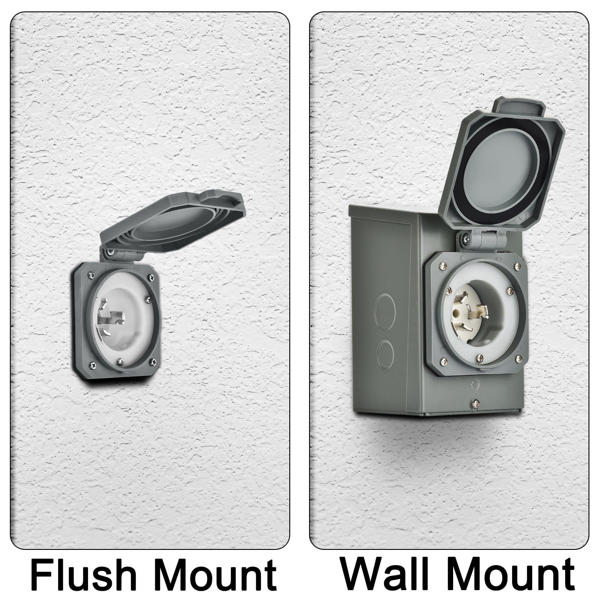 Side-by-side comparison of two outdoor electrical outlets on a white textured wall: a flush mount outlet (left) and a Nature's Generator 50 Amp Generator Inlet Box with box-style cover (right). Both covers are open.