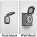 Side-by-side comparison of two outdoor electrical outlets on a white textured wall: a flush mount outlet (left) and a Nature's Generator 50 Amp Generator Inlet Box with box-style cover (right). Both covers are open.