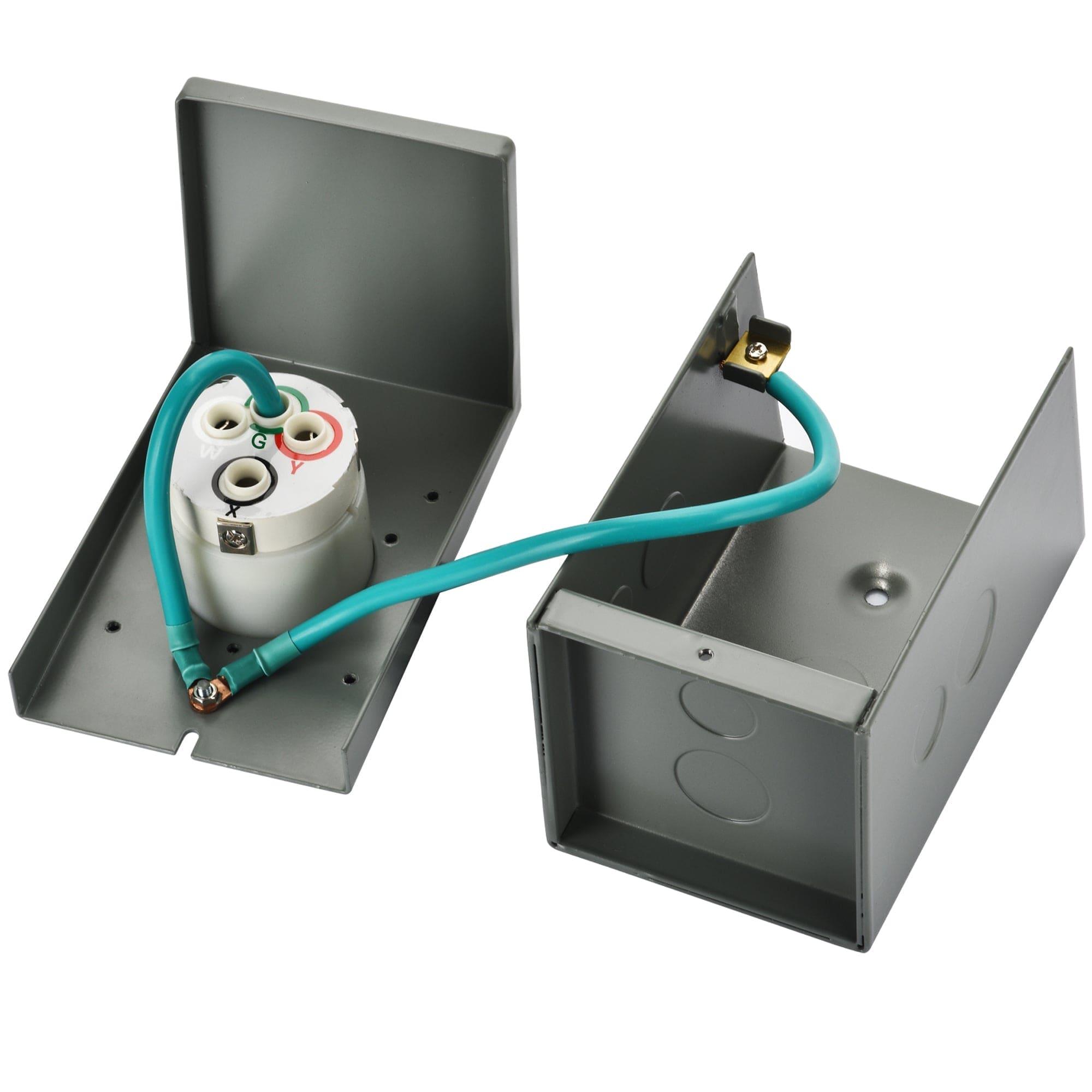A Nature's Generator 50 Amp metal inlet box is shown open, displaying internal green wiring connected to terminals. The box and its weatherproof cover are side by side on a white background.