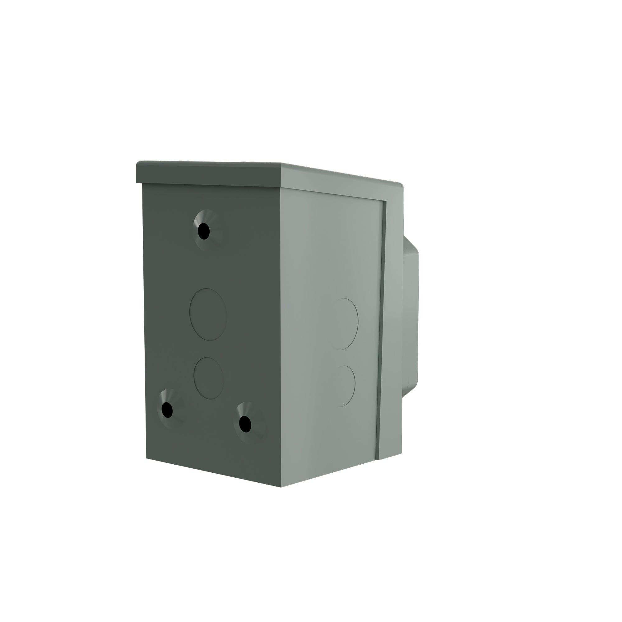 A gray, rectangular 50 Amp Nature's Generator Inlet Box with knockouts and four screw holes is shown angled to display its side and part of the back, emphasizing its weatherproof design against a white background.