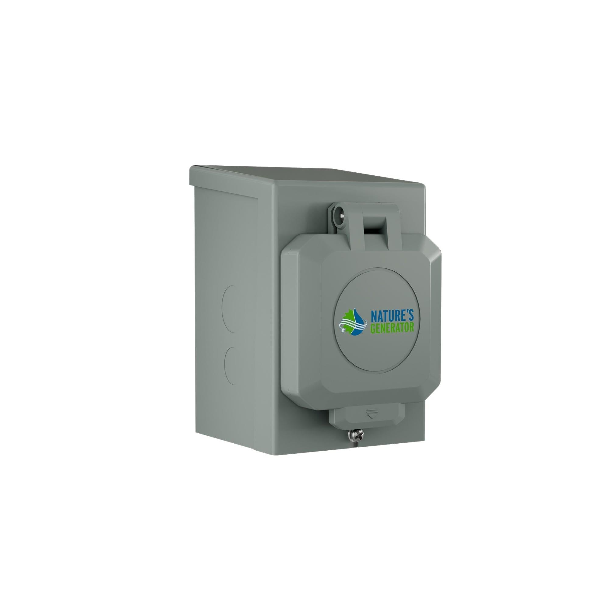 The Nature's Generator 50 Amp Generator Inlet Box is a gray, weatherproof outdoor electrical outlet with a hinged cover and the brand logo on the front, shown isolated on a white background.