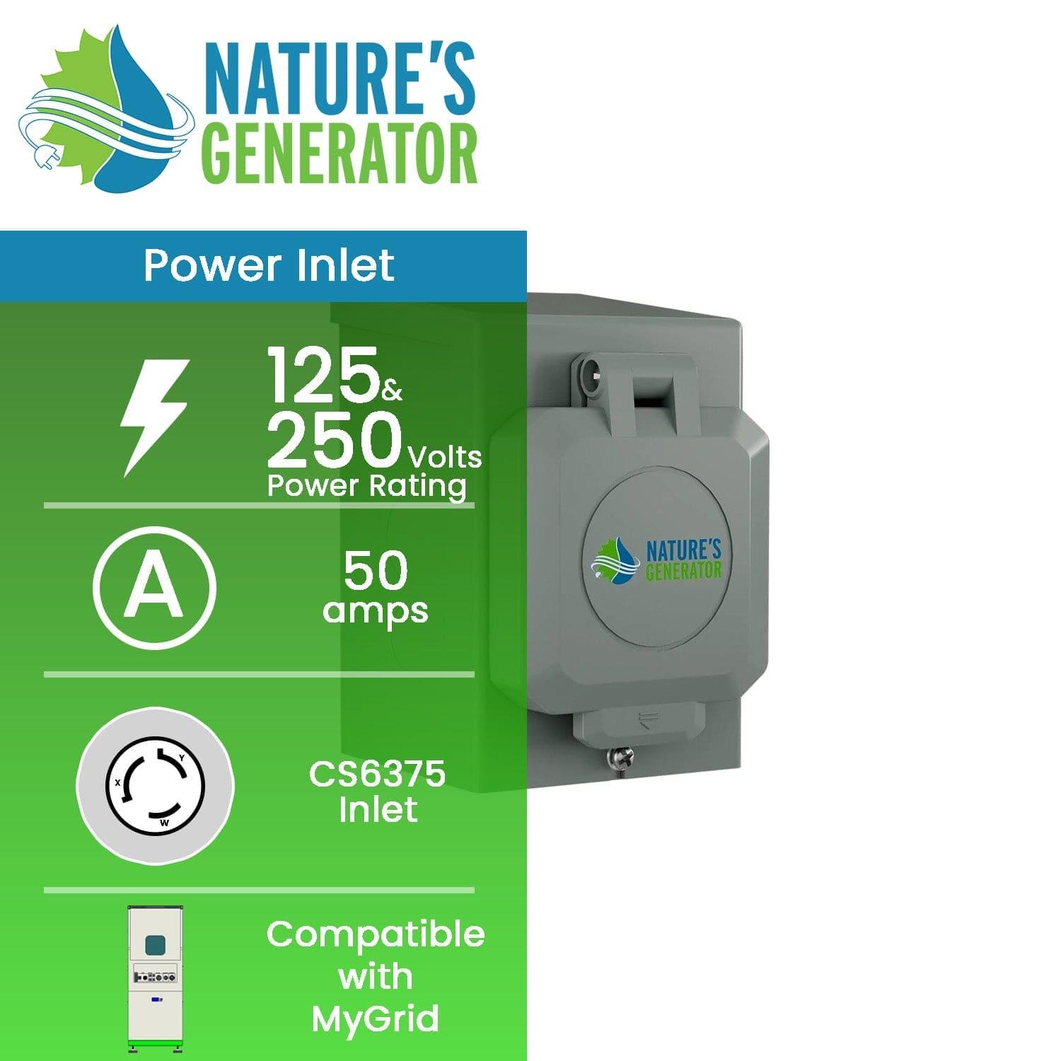 The Nature's Generator 50 Amp Generator Inlet Box is gray, weatherproof, with a flip cover, CS6375 inlet (125/250V), MyGrid compatible, and features the Nature’s Generator logo at the top left.