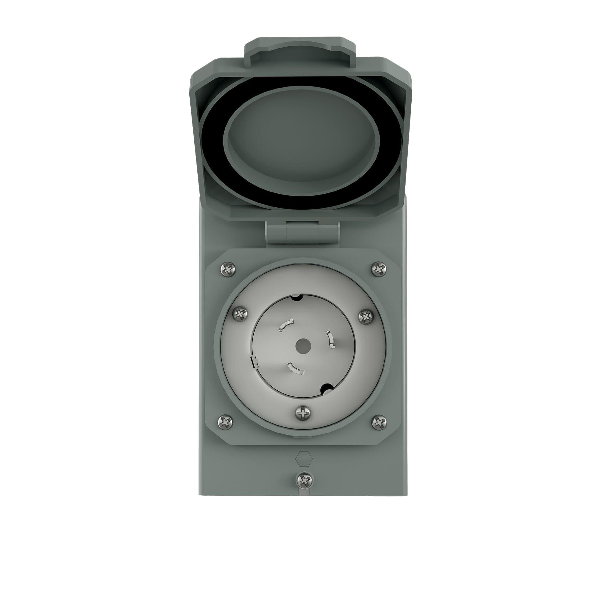 Nature's Generator 50 Amp Generator Inlet Box in gray is shown open, featuring a weatherproof design with a circular, covered four-prong socket and several screws securing the plate.