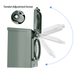 Nature's Generator 50 Amp rectangular generator inlet box features a round hinged cover shown in multiple open positions. An inset highlights the hinge’s tension adjustment screw, with blue dashed arrows indicating the cover's movement.