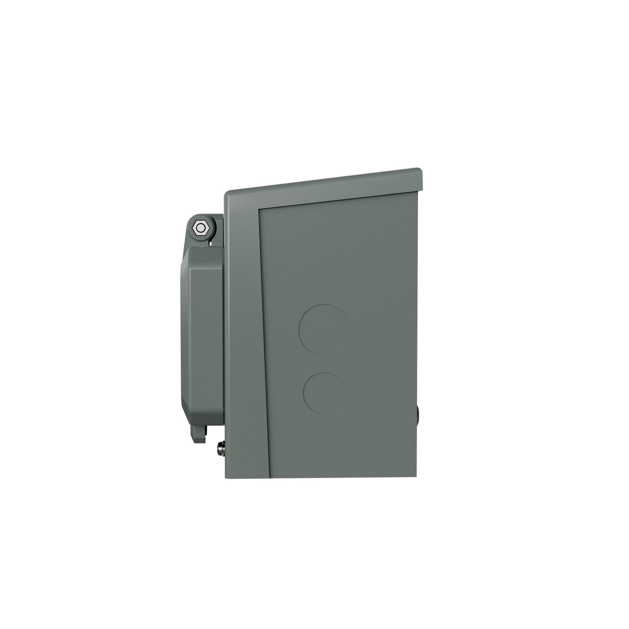 Side view of a Nature's Generator gray metal 50 Amp Generator Inlet Box with a hinged cover, two circular knockouts, and a weatherproof design, shown against a plain white background.