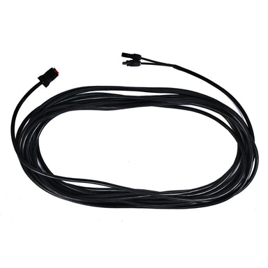 A 50ft coiled black solar cable from Nature's Generator, featuring connectors on both ends, ideal for solar panel setups, displayed against a white background.