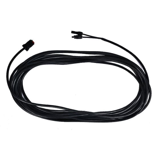 A coiled black electrical cable by Nature's Generator with connectors at each end, designed for their Power Panel and 100W Monocrystalline solar panel kit, is shown on a white background.