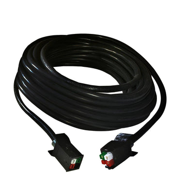 A coiled black Nature's Generator extension cable with two rectangular connectors at each end, each featuring red, green, and white terminals—ideal as a generator extension cord.