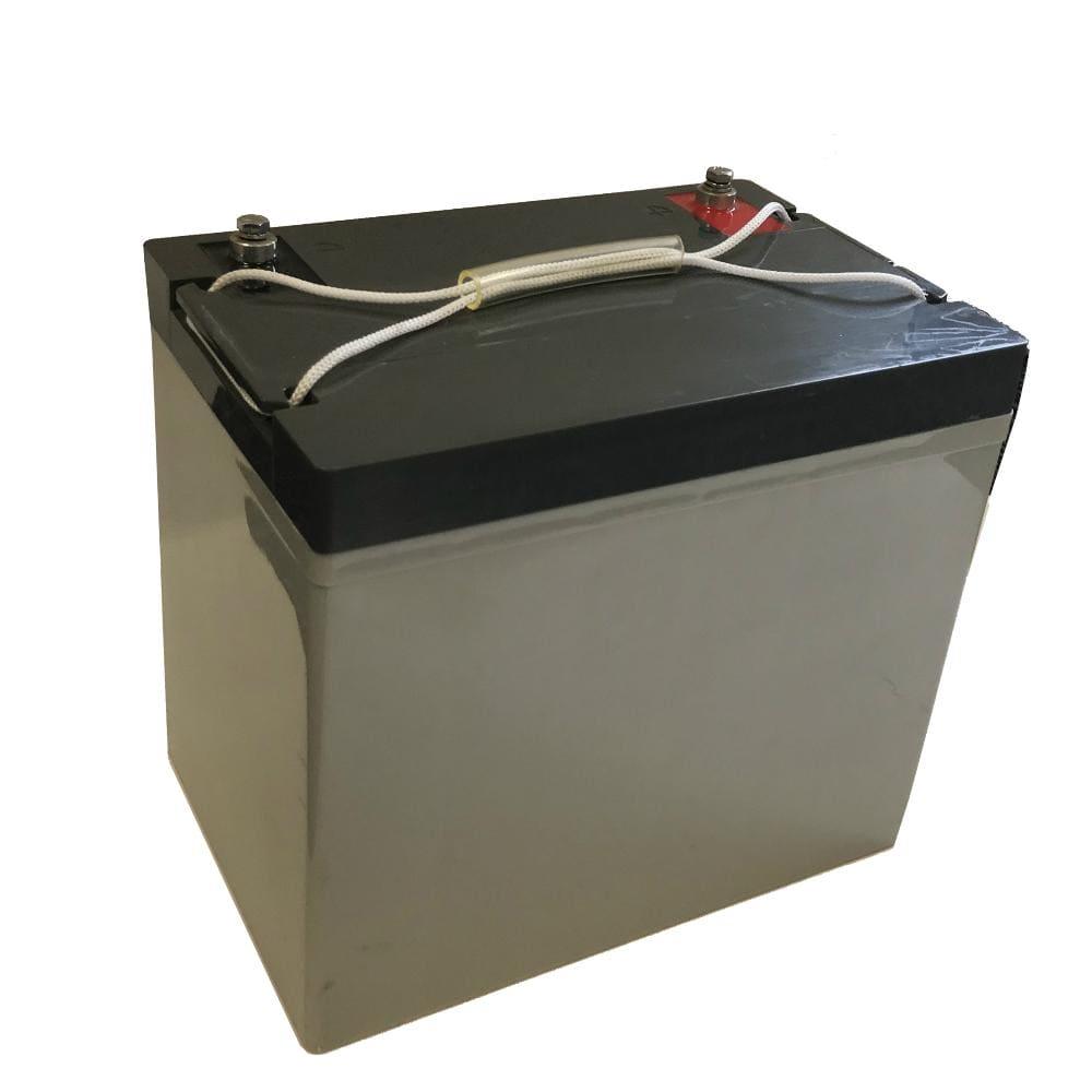 A Nature's Generator 12V AGM battery with a rectangular shape, black top, gray body, white carrying strap on lid, and two metal terminals.