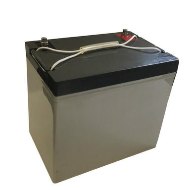 A Nature's Generator 12V AGM battery with a rectangular shape, black top, gray body, white carrying strap on lid, and two metal terminals.