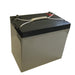 A Nature's Generator 12V AGM battery with a rectangular shape, black top, gray body, white carrying strap on lid, and two metal terminals.