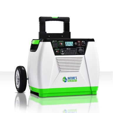 Nature's Generator is a portable 1800W solar generator with wheels and handle, multiple power outlets, switches, and indicator lights. It’s white with green accents—an eco-friendly home battery backup from Nature's Generator.