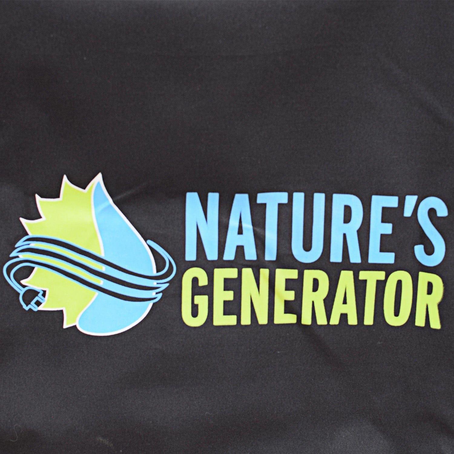 The Nature’s Generator logo features a blue water droplet with an electric cord wrapped around it, set on a green leaf. “NATURE’S GENERATOR” is displayed beside it, representing their durable 600D polyester generator cover.