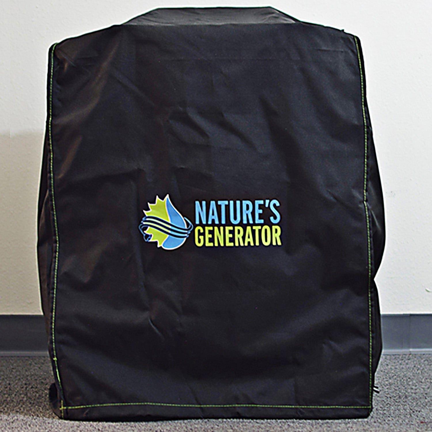 A black 600D polyester cover from Nature's Generator, featuring green stitching and a blue and yellow "Nature's Generator" logo, is placed over a rectangular object near a white wall and gray floor.