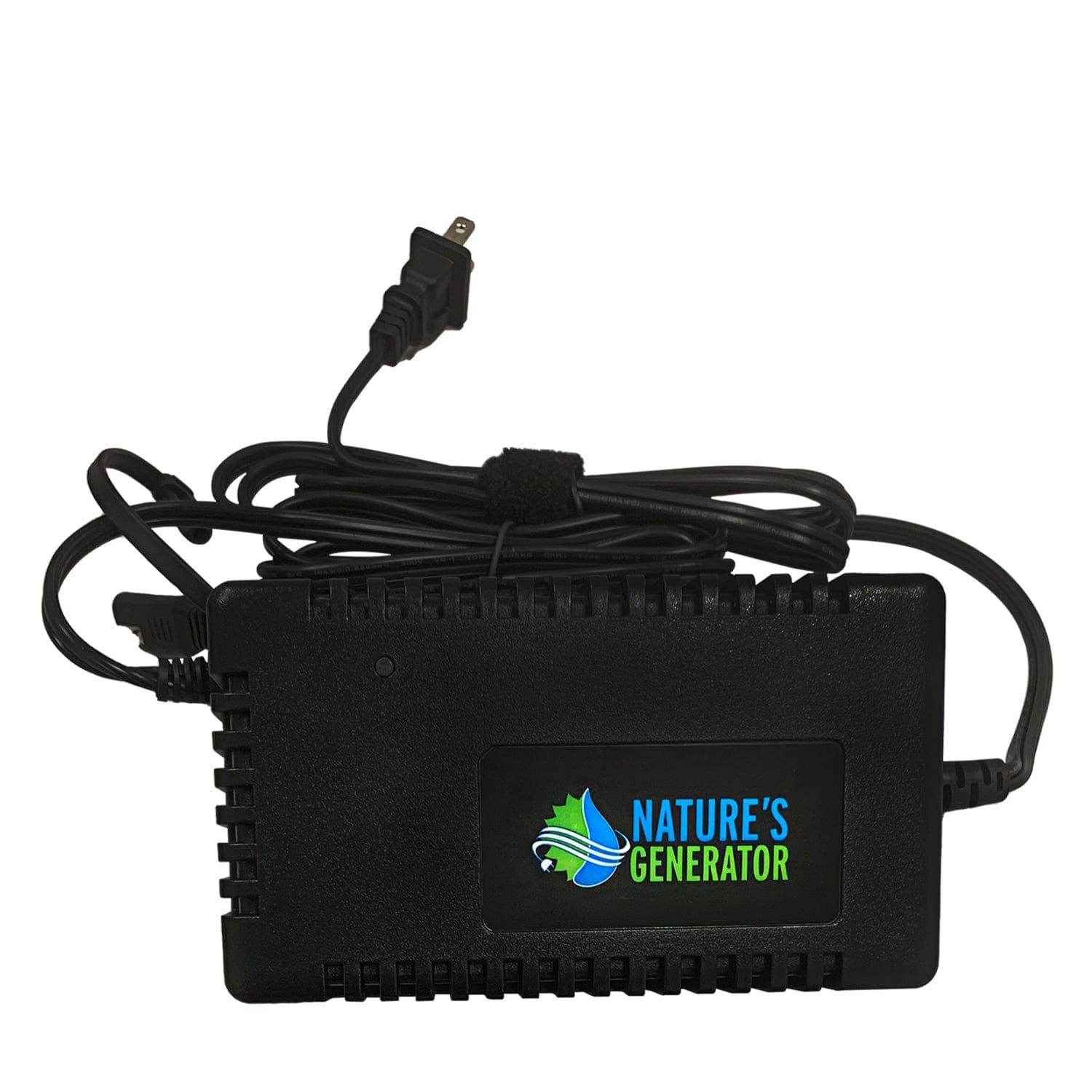 A black Nature's Generator power supply adapter with vented sides and attached cable, featuring a green and blue logo—ideal for maintaining your 12V battery.