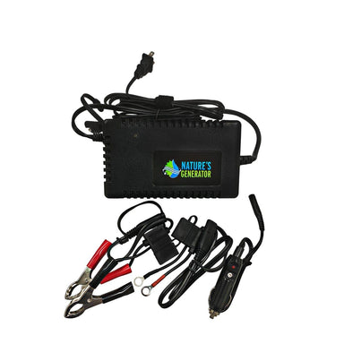 A Nature's Generator black battery maintainer and charger with attached power cables, alligator clips, a 12V car adapter plug, and various connectors are displayed on a white background.