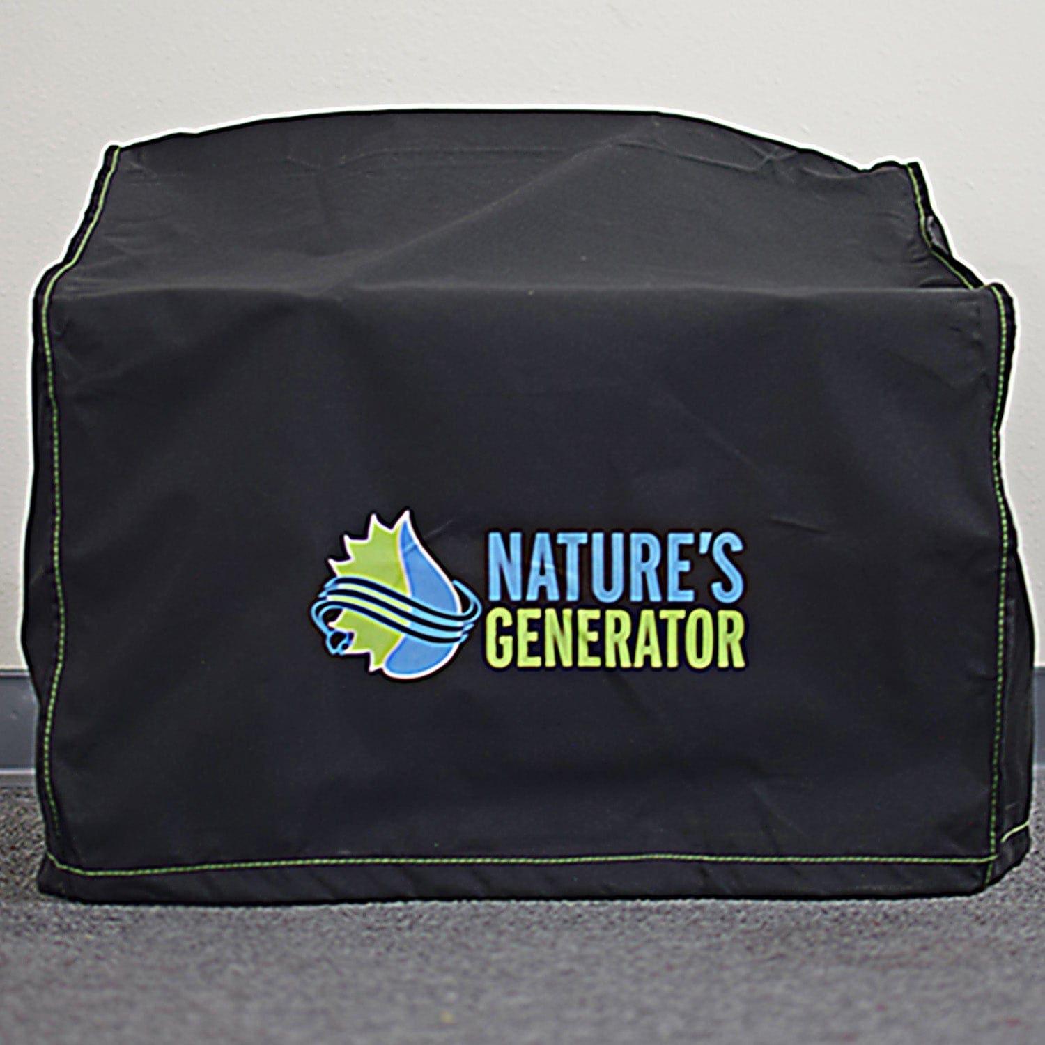 A Nature's Generator black 600D polyester cover with the brand's blue, green, and yellow logo shields a rectangular item on a carpeted floor against a light-colored wall.