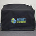 A Nature's Generator black 600D polyester cover with the brand's blue, green, and yellow logo shields a rectangular item on a carpeted floor against a light-colored wall.