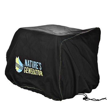 A black 600D polyester generator cover by Nature's Generator, featuring the brand name printed on the side, visible seams, and a drawstring at the bottom right corner. It is shown fitted over a rectangular object.