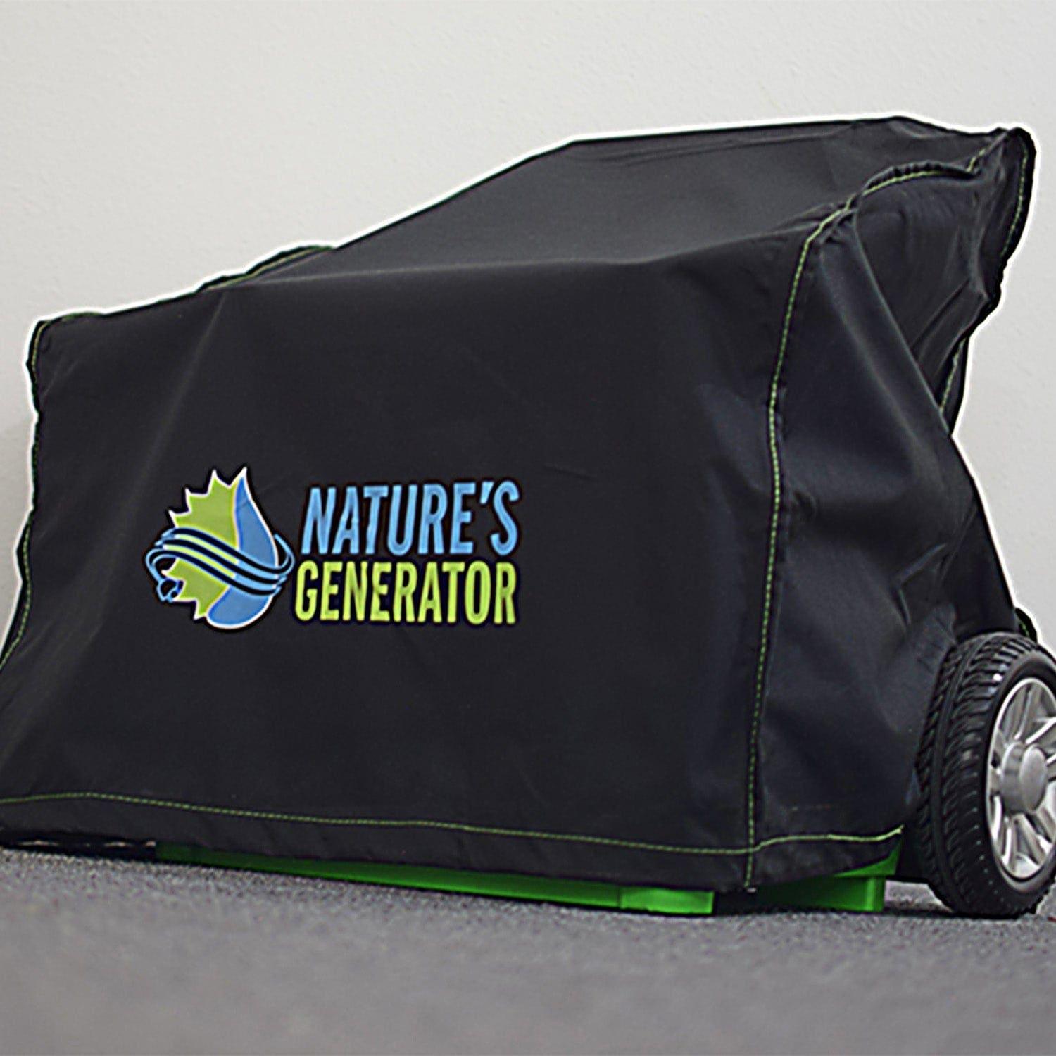 A Nature's Generator portable generator with wheels sits on a gray carpet, covered by a durable 600D polyester Nature's Generator cover featuring green and blue text and logo, against a white wall.