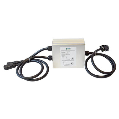 A rectangular metallic device by Nature's Generator with thick black cables and end connectors, featuring a specs label—this dual wind turbine controller provides efficient, sustainable power management.