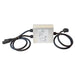A rectangular metallic device by Nature's Generator with thick black cables and end connectors, featuring a specs label—this dual wind turbine controller provides efficient, sustainable power management.