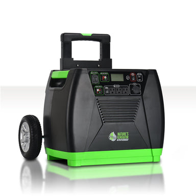 The Nature’s Generator portable solar generator in black and green features wheels, a handle, control buttons, multiple outlet ports, and the brand logo on the front. Perfect for home battery backup, it's shown against a white background.