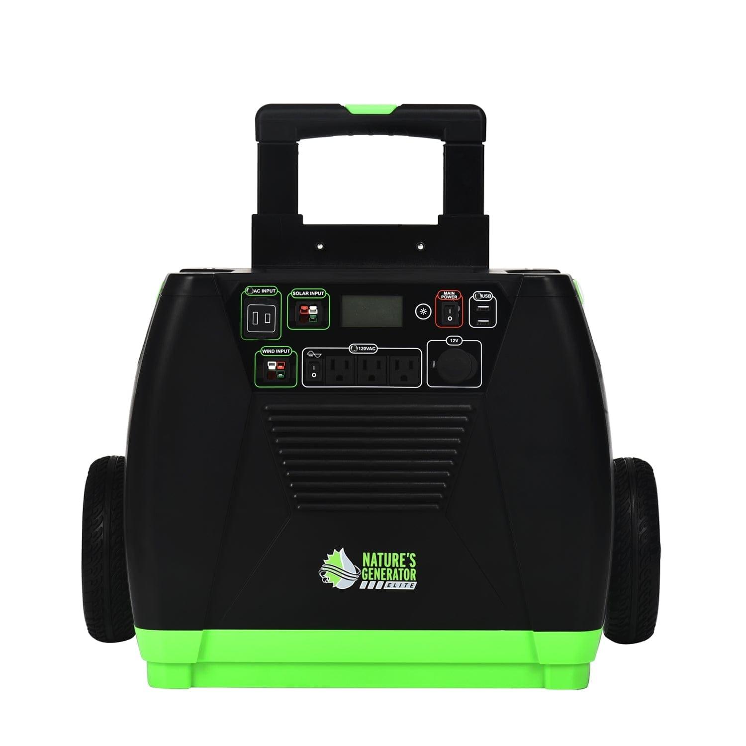 The Nature's Generator is a portable black and green solar generator with two wheels, a top handle, multiple power outlets, control switches, and the Nature’s Generator logo—ideal for home backup or off-grid power.