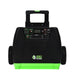 The Nature's Generator is a portable black and green solar generator with two wheels, a top handle, multiple power outlets, control switches, and the Nature’s Generator logo—ideal for home backup or off-grid power.