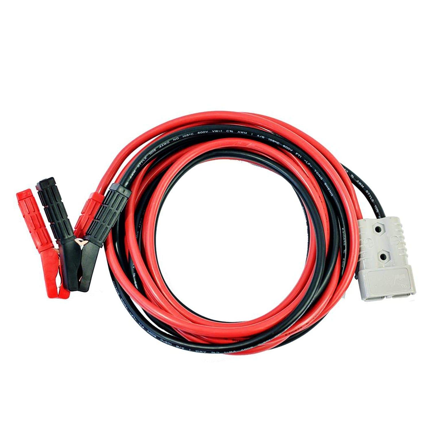 A coiled set of red and black battery jumpstart cables by Nature's Generator with clamp connectors on one end and a gray Anderson plug on the other, compatible with Nature's Generator Elite, placed on a white background.