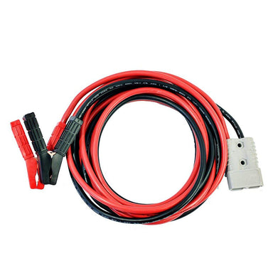 A coiled set of red and black battery jumpstart cables by Nature's Generator with clamp connectors on one end and a gray Anderson plug on the other, compatible with Nature's Generator Elite, placed on a white background.