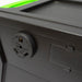 Close-up of a black electrical outlet labeled "Recreational Vehicle Use Only" with specs, mounted on the side of a Nature's Generator solar generator. The green edge and flat surface highlight its suitability for off-grid power solutions.