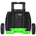 A rear view of the Nature's Generator portable solar generator shows two wheels, a retractable handle, and visible outlets in a black and green design—perfect for home backup or off-grid power needs.