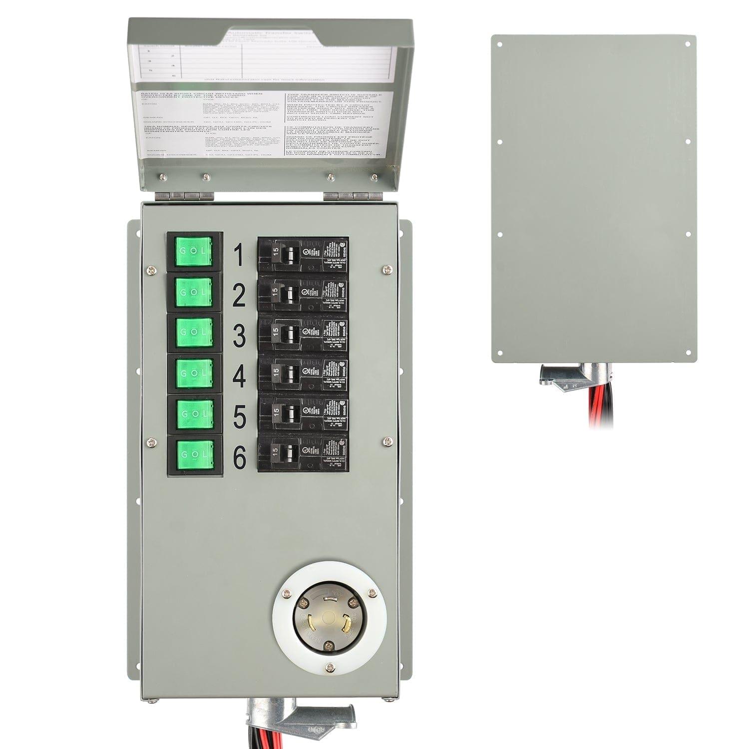 A Nature's Generator gray transfer switch box with its lid open shows six breakers labeled 1–6, green switches, black relays, and a circular inlet for a 3600-watt generator at the bottom; the detached cover panel appears to the right.