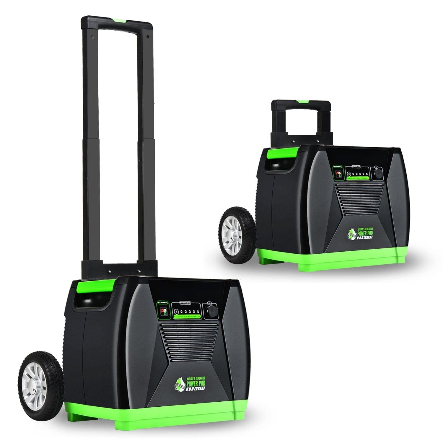 Two Nature’s Generator black and green portable power stations with wheels and extendable handles are shown. Perfect for home backup or off-grid use, both have front control panels—one with handle extended, the other retracted.