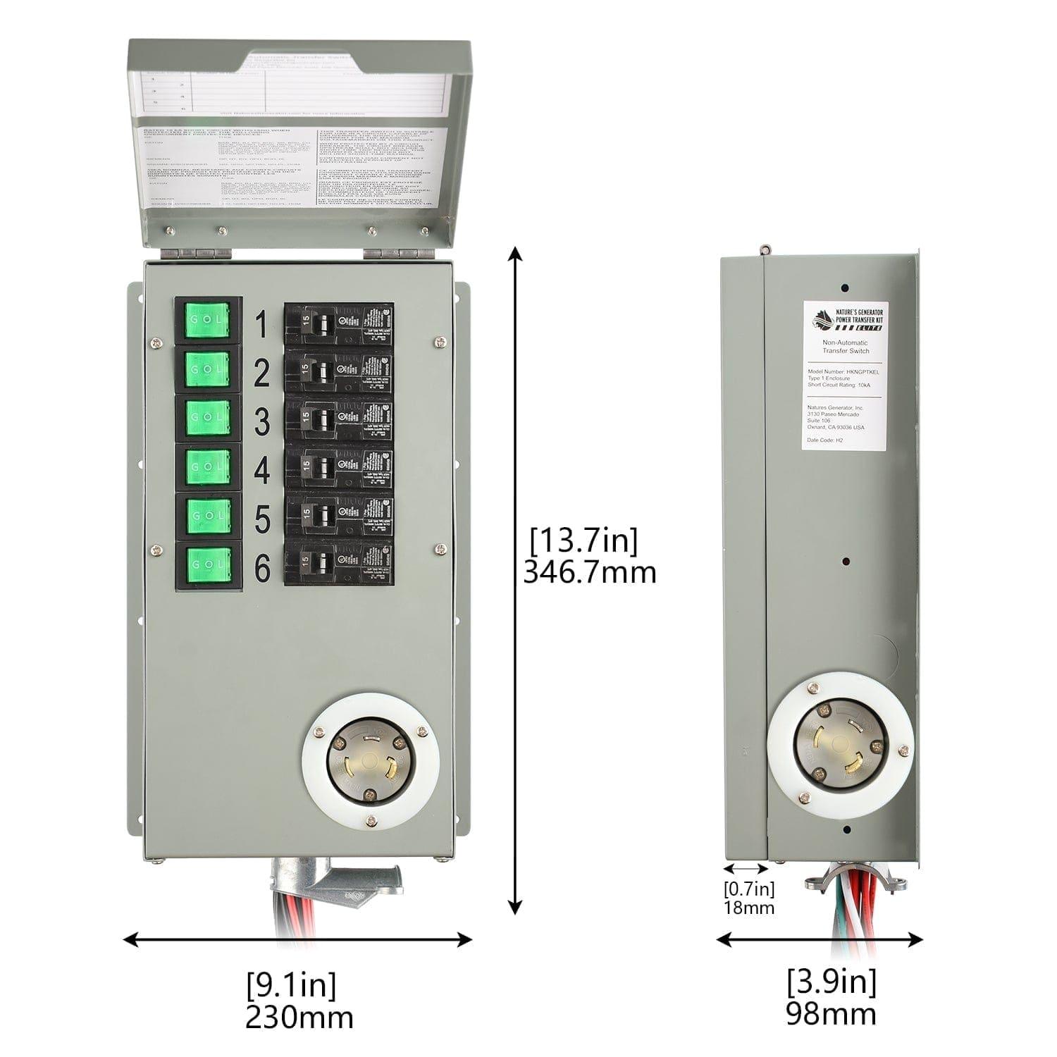 Two views of a Nature's Generator electrical power panel for a 3600W generator, featuring labeled breaker switches, a circular power socket, and measuring 13.7" H x 9.1" W x 3.9" D. The left view shows the panel cover open.