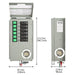 Two views of a Nature's Generator electrical power panel for a 3600W generator, featuring labeled breaker switches, a circular power socket, and measuring 13.7" H x 9.1" W x 3.9" D. The left view shows the panel cover open.