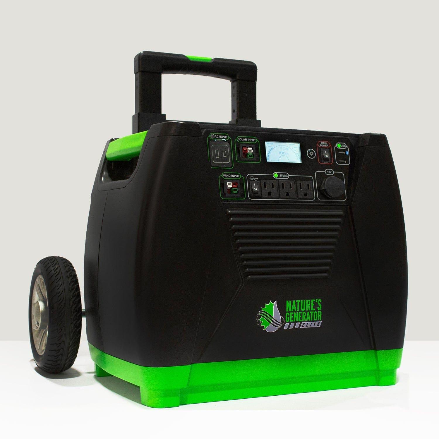 A Nature's Generator portable solar generator in black and green, featuring wheels, a handle, multiple power outlets, control buttons, and a digital display—perfect for off-grid power—shown on a plain white background.