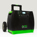 A Nature's Generator portable solar generator in black and green, featuring wheels, a handle, multiple power outlets, control buttons, and a digital display—perfect for off-grid power—shown on a plain white background.
