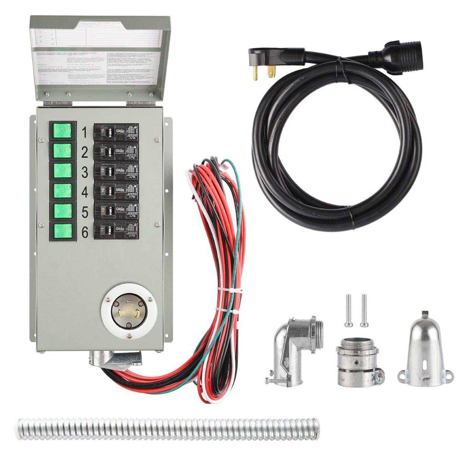 The Nature's Generator transfer switch kit is compatible with home battery backup or solar generators and includes a circuit breaker panel, wiring, black power cord, flexible conduit, metal fittings, screws, and a metal cap.