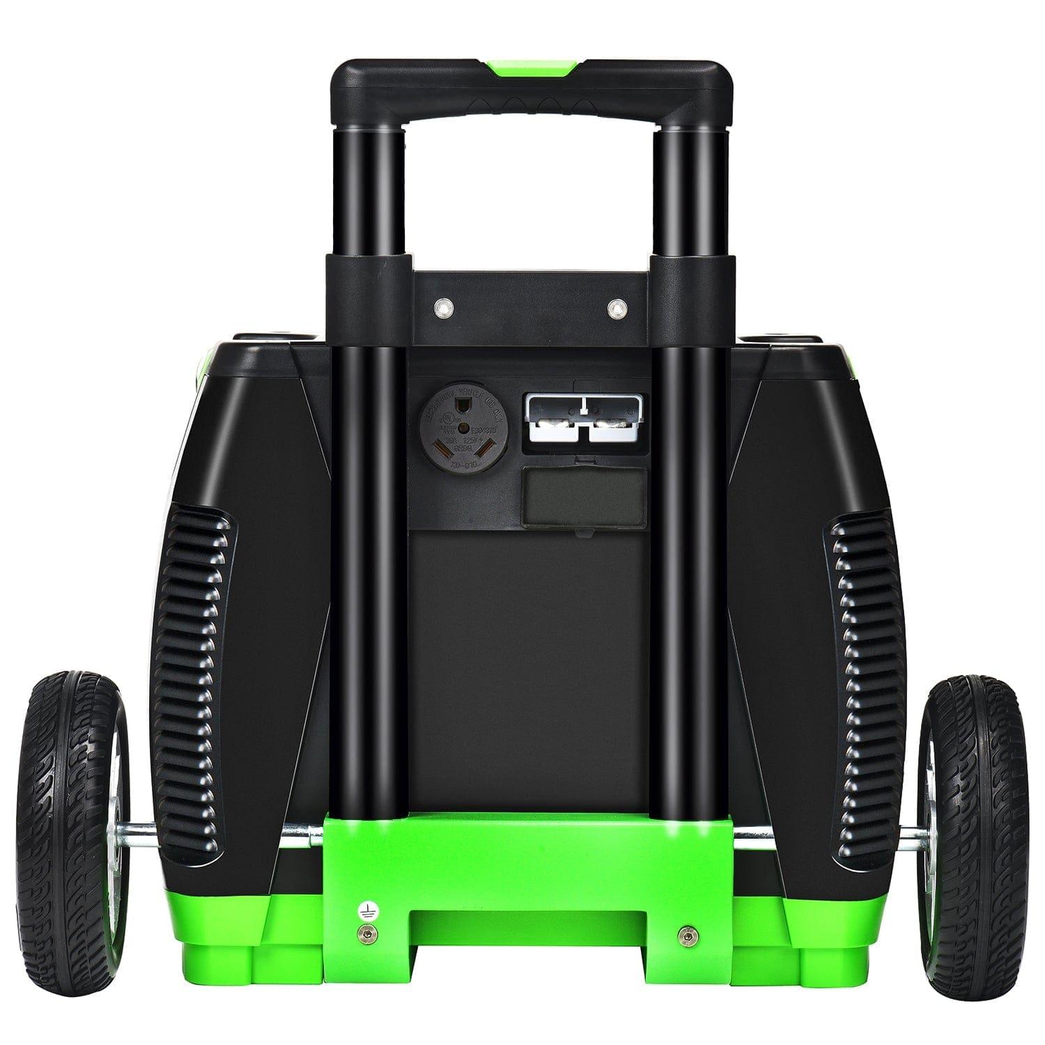 The Nature's Generator portable generator features a black and green exterior, two large wheels, an extended pull handle, and visible power outlets—perfect for off-grid power or as a dependable home battery backup solution.